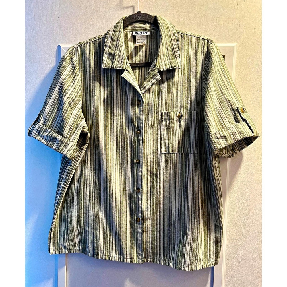 Blair Large Green/Beige Striped Short Sleeve Button-Up Woven Shirt Pockets 46x26